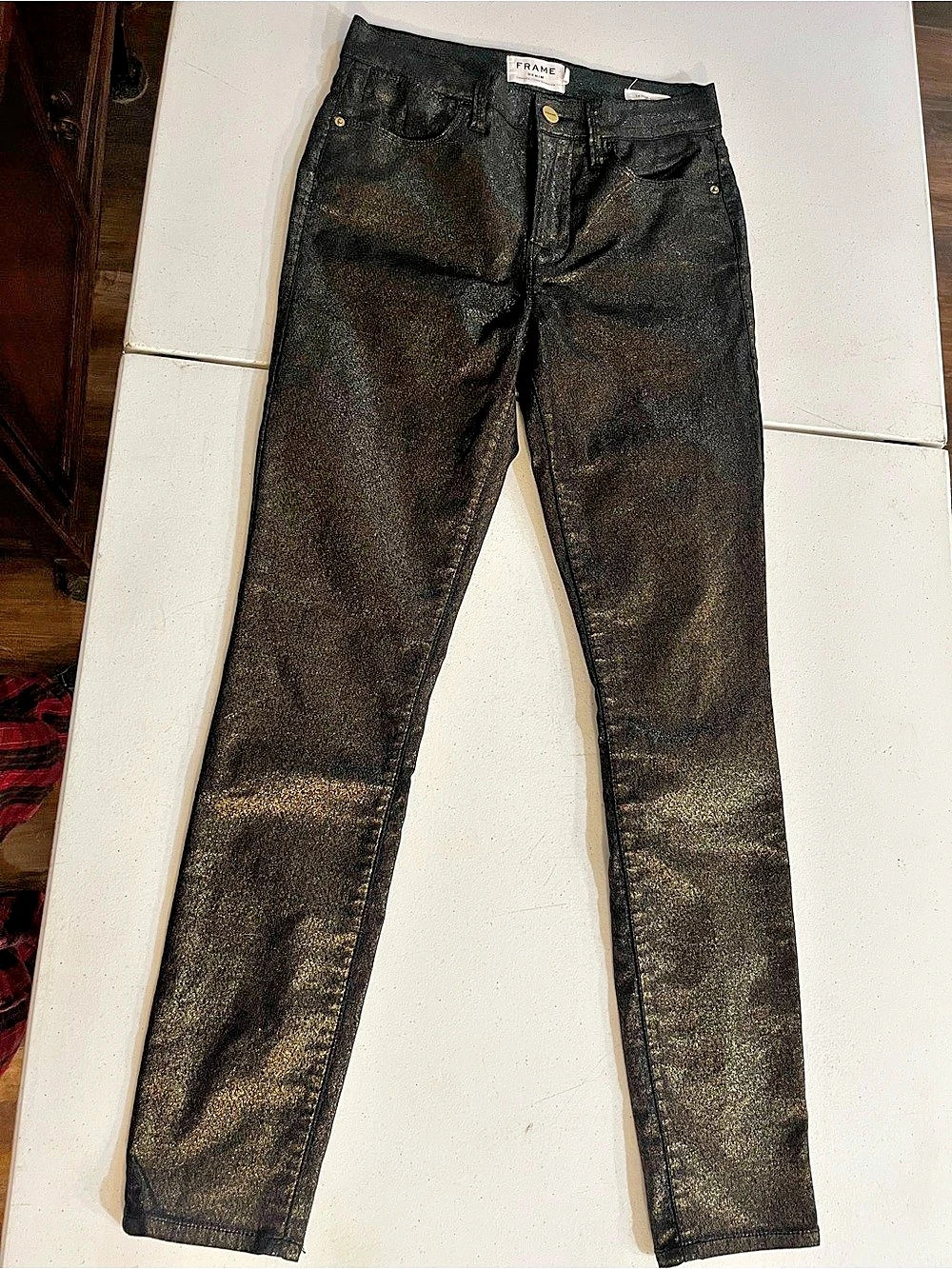 FRAME Le High Skinny Metallic Jeans Black & Gold Waist 26